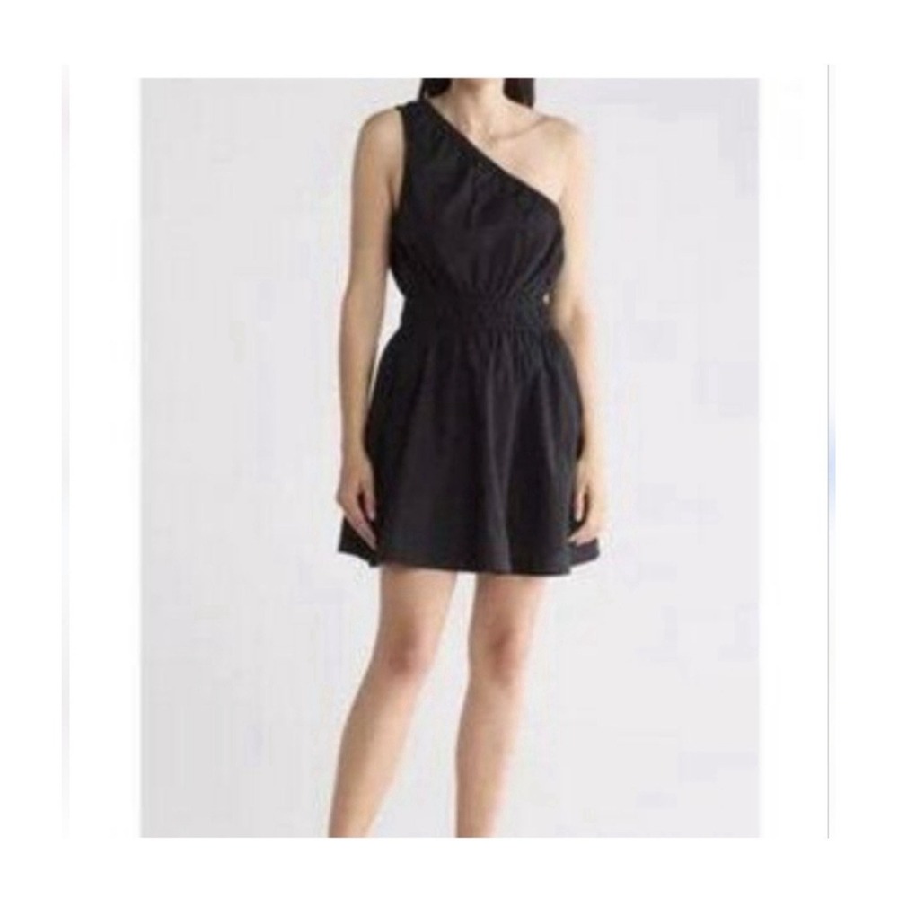 Steve Madden Zinnia Black One Shoulder Long Sleeve A-Line Mini Dress XS Ruffle